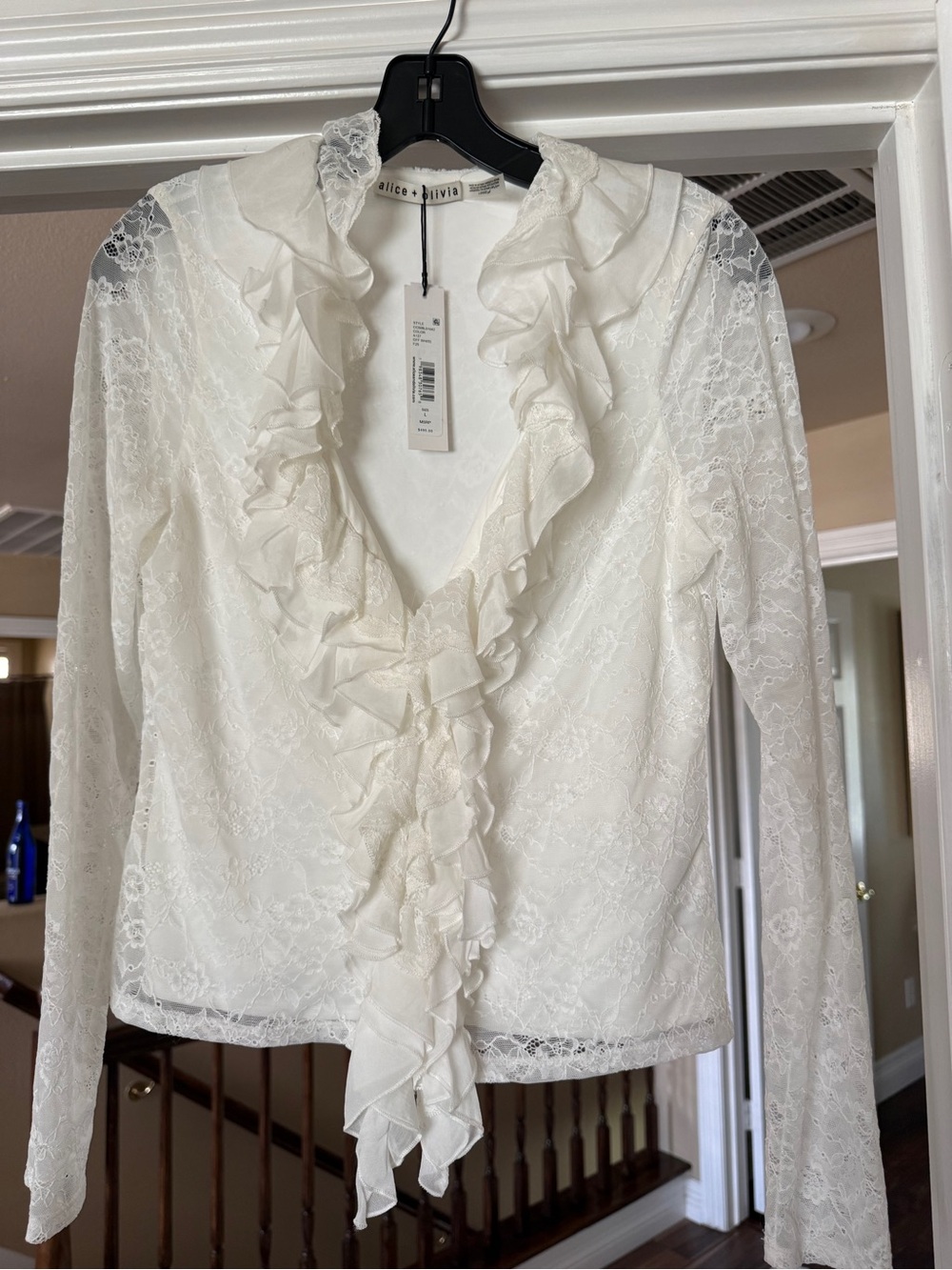 Alice + Olivia Ivory Lace Ruffle V-Neck Blouse